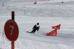 Skifahrer fährt einen Slalomkurs auf verschneiter Piste zwischen roten Toren.
