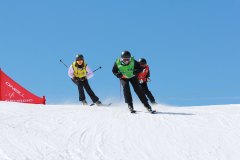 Drei Skifahrer fahren in einer Abfahrt nebeneinander den verschneiten Hang hinunter.