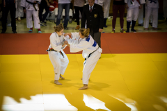 Zwei Judo-Kämpferinnen in weißen Anzügen auf gelber Matte, Publikum im Hintergrund.