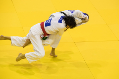 Zwei Judoka in weißen Anzügen auf gelber Matte, einer mit rotem Gürtel, beide in einer Griffposition.