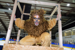 Person im Löwenkostüm in einem Holzrahmen auf einer Eisbahn.