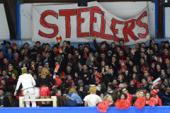 Menschen in einer Tribüne vor einem großen Banner mit der Aufschrift „STEELERS“.