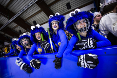 Mehrere Personen in blauen Monsterkostümen mit Hockeyschlägern lehnen an einer blauen Bande in einer Halle.