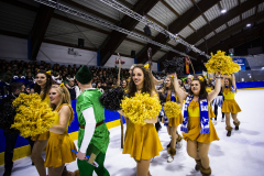Cheerleader und eine Person im grünen Kostüm auf einer Eisbahn, mit Publikum im Hintergrund.