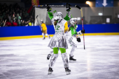 Eishockeyspielerinnen in silbernen und grünen Kostümen auf dem Eis, eine mit erhobenen Schlägern.