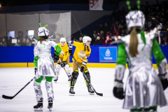 Mehrere Personen in Hockeyausrüstung auf einer Eisfläche; eine trägt gelb, zwei silber-grün, Zuschauer im Hintergrund.