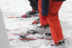 Skifahrerbeine mit orangefarbener Hose, schwarzen Skischuhen und Skiern im Schnee.