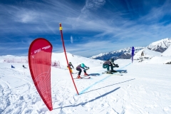 Skifahrer auf verschneiter Piste zwischen roten und blauen Torfahnen vor Bergpanorama und blauem Himmel